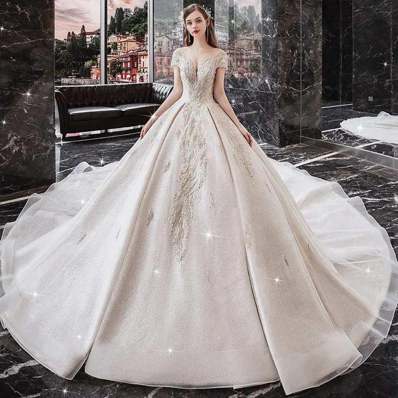 Yeni gelenler düğün elbisesi ağır hizmet tipi tek omuz büyük tren kuyruk düğün elbisesi mizaç gelin düğün elbisesi