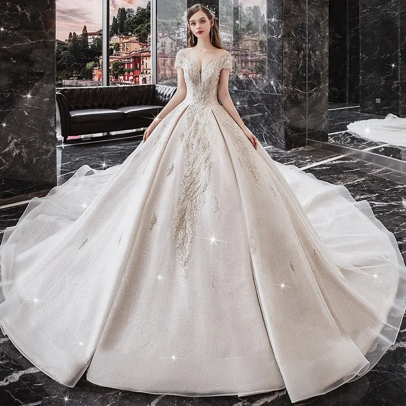 New arrivals wedding dress heavy-duty one-shoulder big train tail wedding dress temperament bridal wedding dress