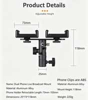 Support de téléphone double avec clip et articulation à angle réglable, adaptateur 1/4 pouce pour trépied/support d'éclairage, support de smartphone pour diffusion en direct et vlogging