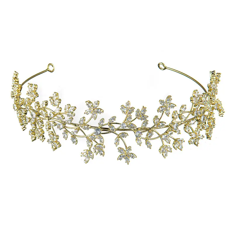 Cross Border Bridal Crown Headband Gold Luxury Flower Maple Leaf Bridal Wedding Tiara Zircon Headband