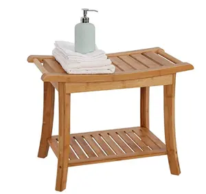 竹制淋浴长凳座椅脚凳，浴室储物架2层浴缸长凳