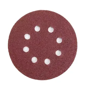 Kertas ampelas abrasif aluminium oksida bulat merah cokelat 125mm untuk pemoles mobil dengan 8 lubang pengamplasan cakram kertas