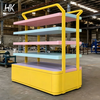 Comptoir d'exposition Hongkai personnalisable avec éclairage LED, écologique, base rose pastel, plateau lavande, et piédestal à niveaux vert menthe pour