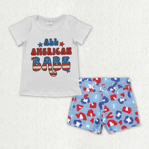 Vêtements pour bébés filles, ensemble t-shirt à manches courtes imprimé et short en jean, tenue du 4 juillet, vente en gros - Product Image 3