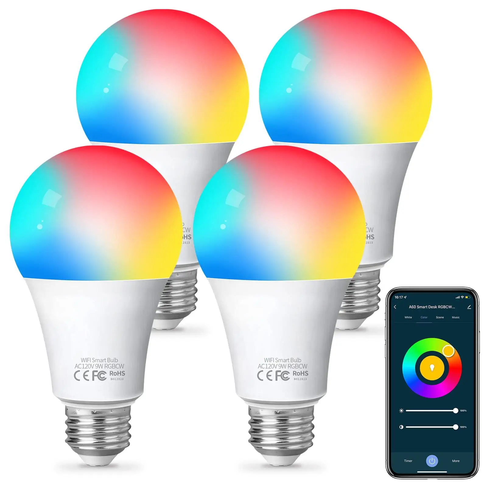 LED Light Bulb Dimmable Music Sync Color Changing No Hub Required Multicolor Bluetooth Light Bulbs with App Control for Party