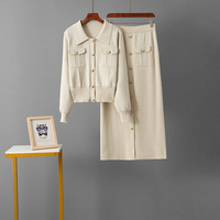 Ensemble élégant décontracté pour femme : cardigan tricoté à revers et boutons dorés, manches longues, et jupe midi – Idéal printemps-automne, bureau et usage quotidien