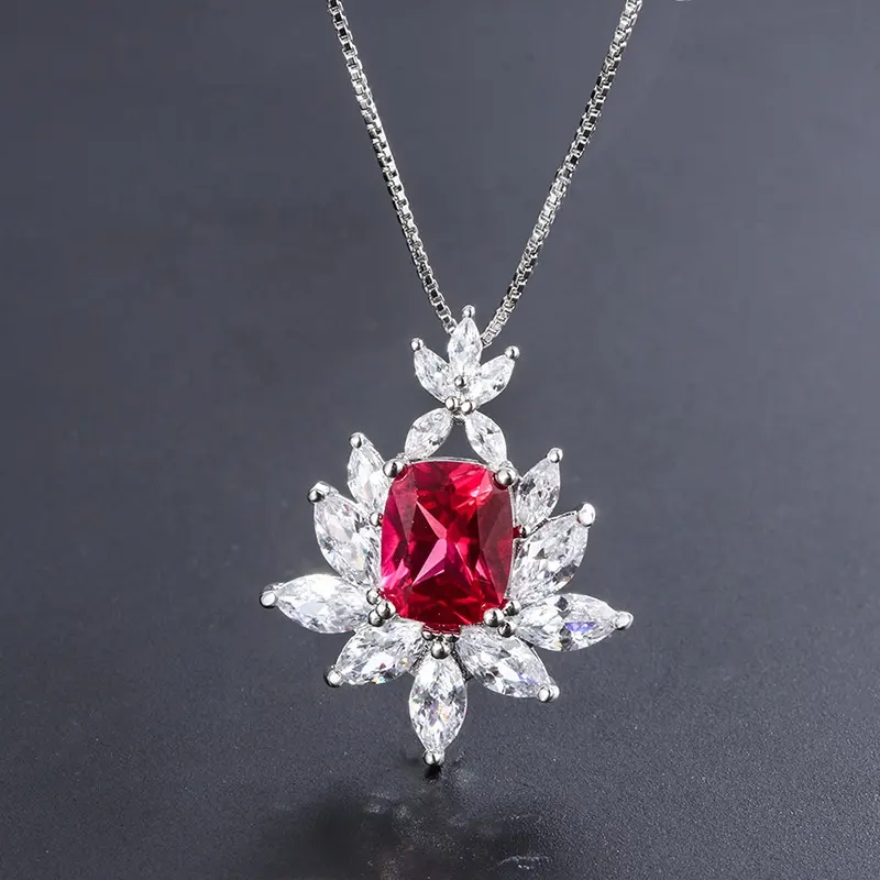 925 Sterling Silver Jewelry 8*10mm Pigeon Blood Ruby Necklace Marquise Halo 5A Zircon Charm Pendant Necklace Choker For Women