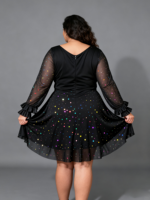 Robe Midi Vintage Personnalisée OEM pour Femme Grande Taille, en Dentelle Transparente, Maille Holographique à Paillettes, Motif Nuit Étoilée, Manches Bouffantes Asymétriques, Vente en Gros
