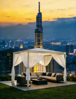 Pavillon de jardin moderne en acier de fabrication directe, avec toit en tissu carré, base fixe avec trous de fixation, design de luxe pour terrasse