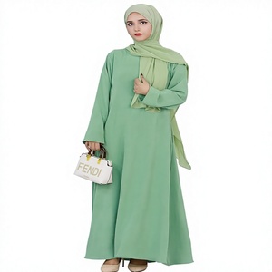 Abaya pour femmes, couleur unie verte, manches longues, col rond, robe longue modeste avec détails brodés, style Moyen-Orient - Product Image 1