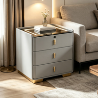 Table de chevet intelligente de luxe à 3 tiroirs avec lumière ambiante LED en verre, serrure à code, armoire de rangement pour chambre à coucher, mobilier d'hôtel