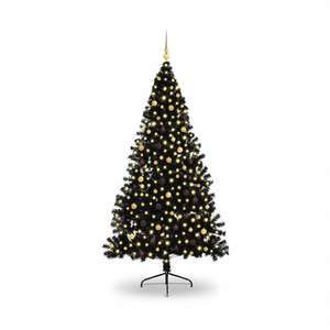 Sapin de Noël artificiel pré-éclairé 94,5 pouces en PVC noir avec 300 lumières LED blanc chaud pour décoration de fêtes - Product Image 1