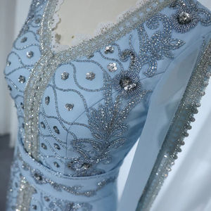 Jancember SZ404 arabe manches longues ceinture paillettes perlées bleu soirée robes de bal - Product Image 6