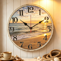 Horloge murale tropicale côtière 12 pouces, design original, coucher de soleil, vagues de plage, silencieuse, sans tic-tac, ronde, 25*25cm, décorative pour salle de bain