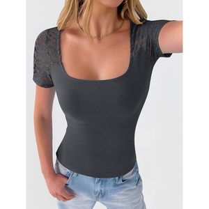 FOXA Camiseta de manga corta con encaje para mujer, cuello redondo, tejido acanalado, corte ajustado, informal, conjunto de moda de verano - Product Image 3