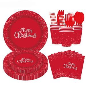 Giáng sinh chủ đề màu đỏ in Bạc giấy tấm <span class=keywords><strong>Set</strong></span> Đảng dùng một lần giấy tấm, cốc giấy, khăn giấy trang trí bộ đồ ăn thiết lập - Product Image 1