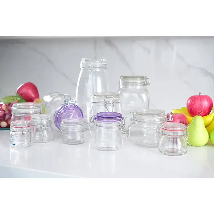 Food Grade 500ml Kitchen Clear Cookie Empty Airtight Storage Clip Top Glass Mason Jars With Metal Clip Lid