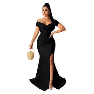 Abito Estivo da Donna Nuova Collezione Taglie Forti, <span class=keywords><strong>Vestito</strong></span> Lungo alla Moda <span class=keywords><strong>con</strong></span> Scollo a V Profondo e <span class=keywords><strong>Spacco</strong></span>, Tinta Unita - Product Image 3