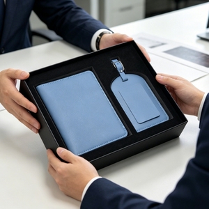 Ensemble porte-passeport et étiquette de bagage en cuir PU pour voyages d'affaires, événements d'entreprise, avec logo personnalisé, coffret cadeau de voyage - Product Image 4