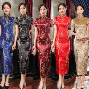 新款夏装中国传统连衣裙高贵旗袍短袖印花长旗袍连衣裙 - Product Image 1