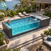 Piscine hors sol rectangulaire de luxe en fibre de verre avec jacuzzi et spa, idéale pour les resorts et jardins, dotée d'un pont de vision en verre.