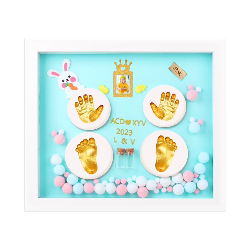 Handmade 100 Days Wood Photo Frame with Full Moon Hand and Footprint Fetal Hair on a Pad Baby Souvenir