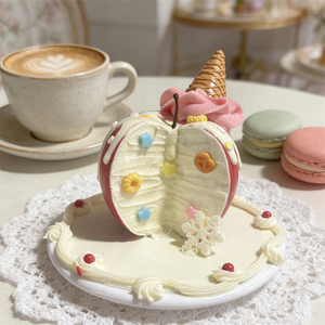 Assiette décorative en plastique en forme de pomme, écologique, avec fausse cornet de crème et vermicelles roses, pour présentation en café, cadeau Y2K - Product Image 3