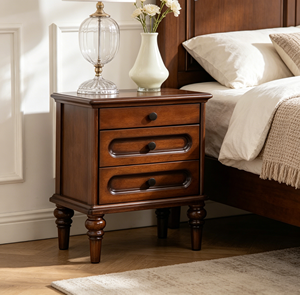New Arrival Three <b>Drawer</b> Oval Recessed Panel Solid Wood Nightstand with Turned Bun Leg & Round Knobs - Product Image 1