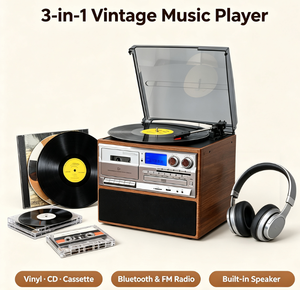 Centro de Música Vintage Todo en Uno Directo de Fábrica, Tocadiscos de 3 Velocidades, Reproductor de CD y Casete, Radio AM/FM, USB, AUX, Bluetooth con Pantalla - Product Image 3
