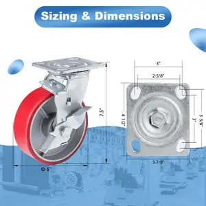 Zware Ijzeren Kernwielen Rode Lastdragende Rollen Universele Trolley Belasting Pu Caster Wiel