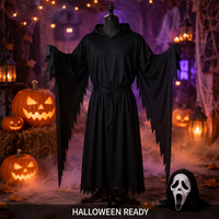 Ensemble de costume d'Halloween : Masque blanc de tueur, Robe noire à capuche pour adulte avec ourlet dentelé, Masque de visage de fantôme d'horreur, Gants et Couteau (accessoires)