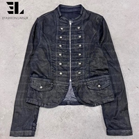 Veste Bomber en Jean Délavé Style Napoléon LARSUR, Coupe Slim, Col Montant, pour Moto, Veste Hussar en Jean Court