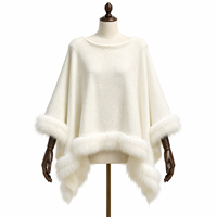 Cardigan poncho en tricot plat coréen pour femme avec bordure en vraie fourrure de renard blanc – Collection Hiver Boutique