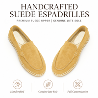 Espadrilles en daim sur mesure de luxe 2026, fabriquées à la main, avec dessus en daim de qualité supérieure et semelle en jute véritable, entièrement personnalisables