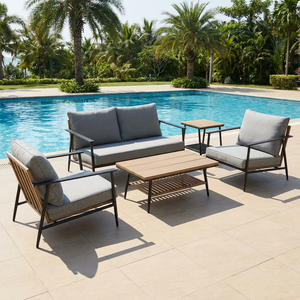 Conjunto de Sofás de Jardín de 5 Piezas con Estructura Metálica Moderna, Mesa con Aspecto de Teca, Sofá de <span class=keywords><strong>2</strong></span> <span class=keywords><strong>Plazas</strong></span>, <span class=keywords><strong>2</strong></span> Sillas Individuales, Resistente a la Intemperie - Product Image 2
