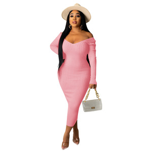 Abito da donna con scollo a v e scollo a v sottile di grande vendita 2023 abito maglione <span class=keywords><strong>bianco</strong></span> a coste a <span class=keywords><strong>maniche</strong></span> <span class=keywords><strong>lunghe</strong></span> autunno - Product Image 6