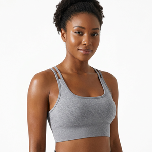Soutien-gorge de sport dos nageur gris uni pour femme, col ras du cou, maintien moyen, respirant, sans coutures, idéal pour le yoga - Product Image 1