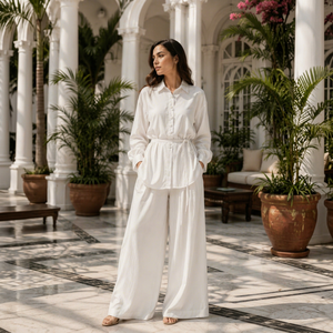 Vente en gros usine – Ensemble 2 pièces pour femme en coton blanc, chemise à col mandarin boutonnée et pantalon ample à jambes larges, décontracté et respirant pour l'été - Product Image 1