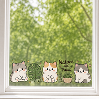 Autocollants personnalisés imperméables en PVC vinyle décoratifs, autocollants électrostatiques pour fenêtre, imprimés UV, motif chat kawaii et plante, pour verre et mur