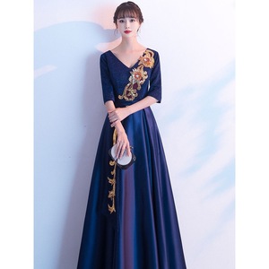 Women's Choral Dress Navy Blue V-Neck A-Line Embroidery Long Performance Attire - Product Image 2