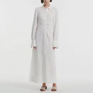 Cộng với kích thước phụ nữ Maxi Dress Solid Cotton Linen dài tay áo loose Single-breasted ăn mặc cho phụ nữ thanh lịch Slit Casual Dresses