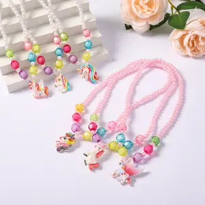 Nuovo popolare set di gioielli per bambini unicorno collana da appendere in acrilico con catena di perle ragazza