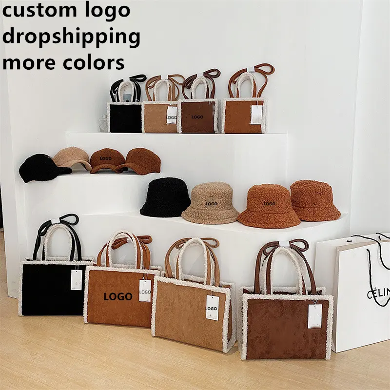 Custom logo Trending fall Bag hat set Designer Handbag Brands Women Fur Hand Bags Luxury Suede Tote Bag Ladies Purse