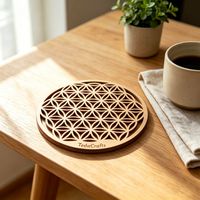 Sous-verre en bois gravé et découpé au laser, motif géométrie sacrée, tapis de yoga et de méditation, décoration d'autel, dessous de plat ajouré à grain de bois, cadeau en gros