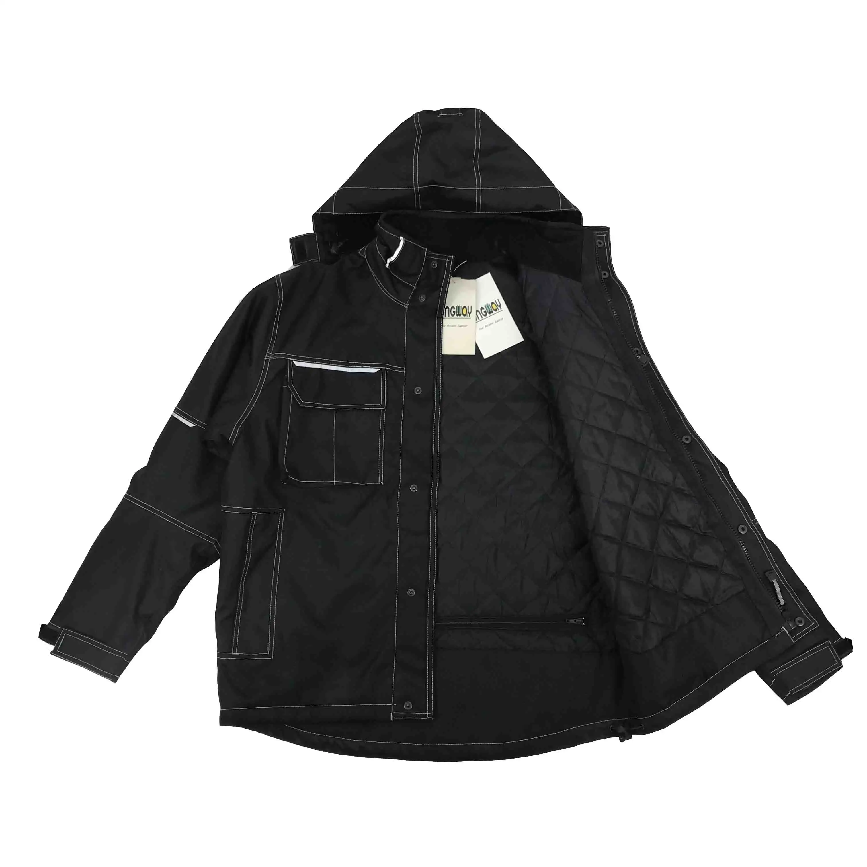 OEM ที่กำหนดเองผู้ชายสีดำสินค้าแจ็คเก็ต600D ฟอร์ดทนทานหลายกระเป๋าผ้าฝ้ายผ้านวมฤดูหนาวแจ็คเก็ตทำงาน