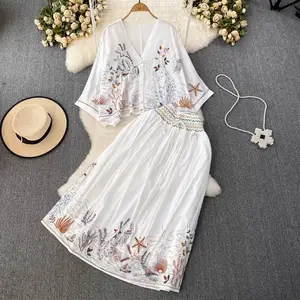 D8806 2024 Verão Chic Elegante Cor Sólida Bordado Camisa Blusa E Saia Set Mulheres Nacional Duas Peças Conjuntos Roupas 12