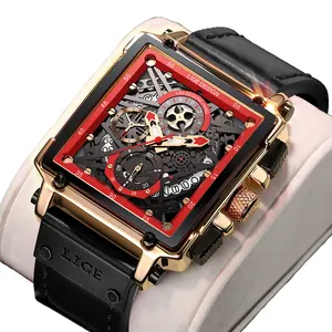 LIGE นาฬิกาข้อมือหนังสำหรับผู้ชาย,นาฬิกาโครโนกราฟแบรนด์ชั้นนำนาฬิกาข้อมือสี่เหลี่ยมกันน้ำ
