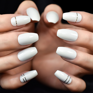 Uñas Postizas <span class=keywords><strong>de</strong></span> Color Blanco Brillante, Diseño <span class=keywords><strong>de</strong></span> Ataúd Mediano <span class=keywords><strong>con</strong></span> <span class=keywords><strong>Rayas</strong></span>, Uñas Acrílicas para <span class=keywords><strong>Manicura</strong></span> DIY en Salón, para Bodas y Citas - Product Image 3