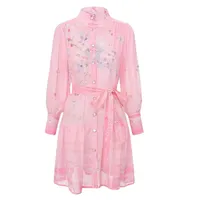 Robe élégante en mousseline de soie pour femme, coupe ajustée, manches longues, col montant, été