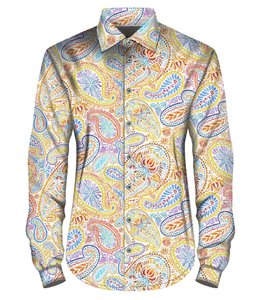 定制加大码男士黄色佩斯利连衣裙衬衫纽扣休闲提花衬衫男士长袖婚纱男士 - Product Image 1